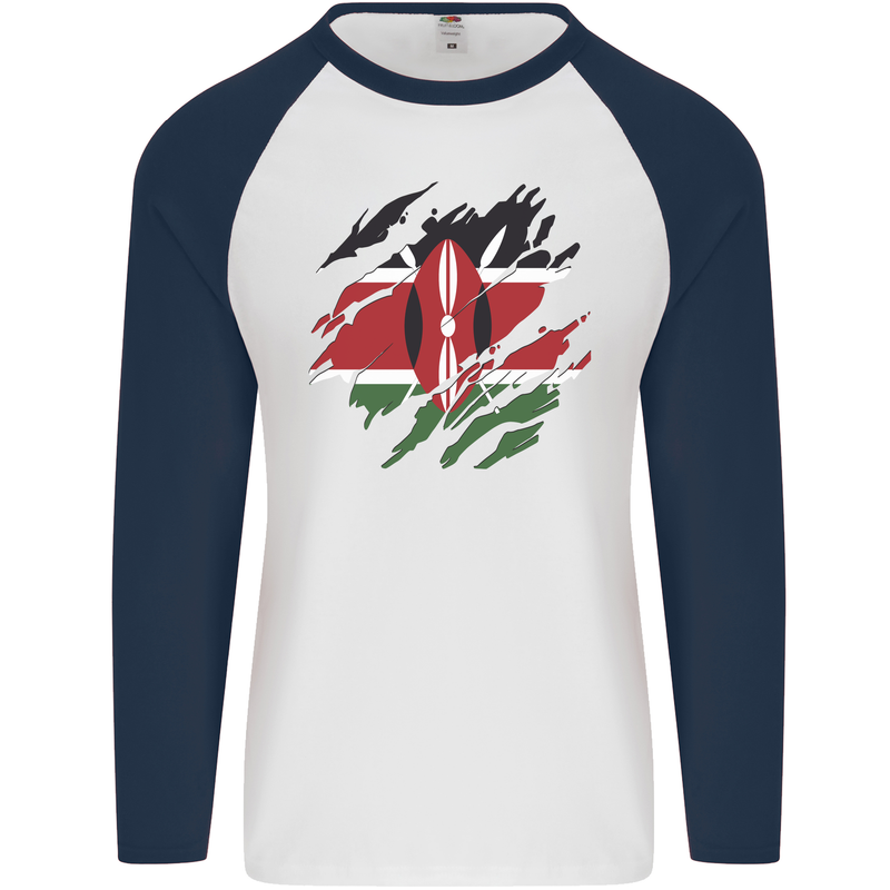 Torn Kenya Flag Kenyan Day Football Mens L/S Baseball T-Shirt White/Navy Blue