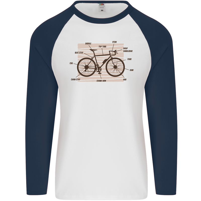 Bicycle Anatomy Funny Cycling Cyclist Funny Mens L/S Baseball T-Shirt White/Navy Blue