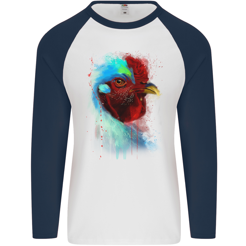 A Chicken Watercolour Mens L/S Baseball T-Shirt White/Navy Blue