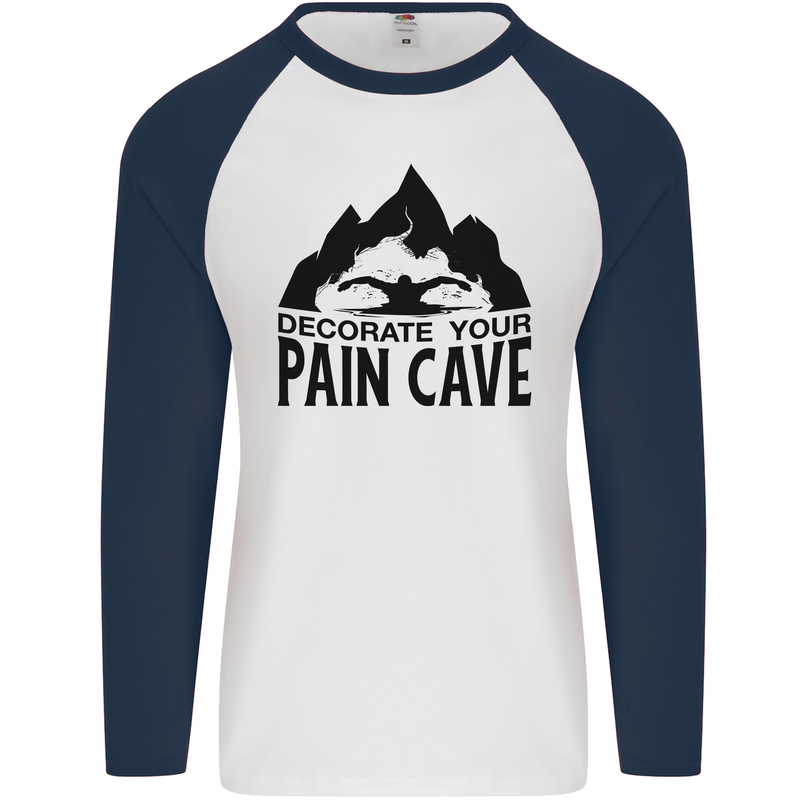 Swimming Pain Cave Swimmer Swim Mens L/S Baseball T-Shirt White/Navy Blue