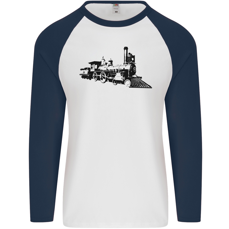 Trains Locomotive Steam Engine Trainspotting Mens L/S Baseball T-Shirt White/Navy Blue