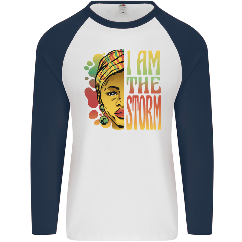 I Am the Storm African Black Lives Matter Mens L/S Baseball T-Shirt White/Navy Blue