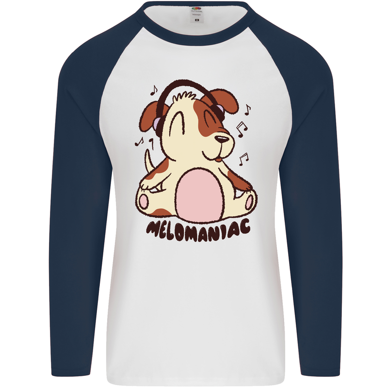 Melomaniac Dog Yoga Meditation Funny Mens L/S Baseball T-Shirt White/Navy Blue