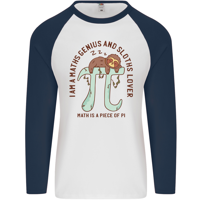 I'm a Maths Genius and Sloth Lover Funny Mens L/S Baseball T-Shirt White/Navy Blue