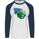 Curled Solomon Islands Flag Day Football Mens L/S Baseball T-Shirt White/Navy Blue