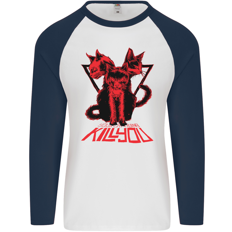 Demonic Cats Halloween Horror Witch Demons Mens L/S Baseball T-Shirt White/Navy Blue