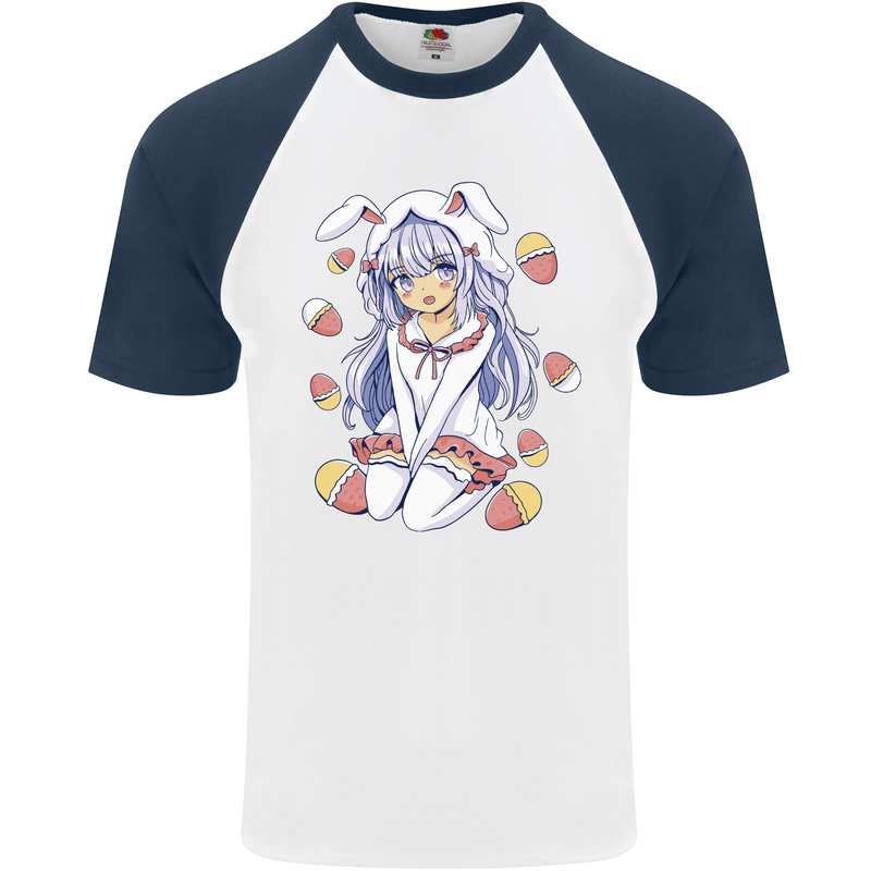 Easter Anime Girl With Eggs and Bunny Ears Mens S/S Baseball T-Shirt White/Navy Blue