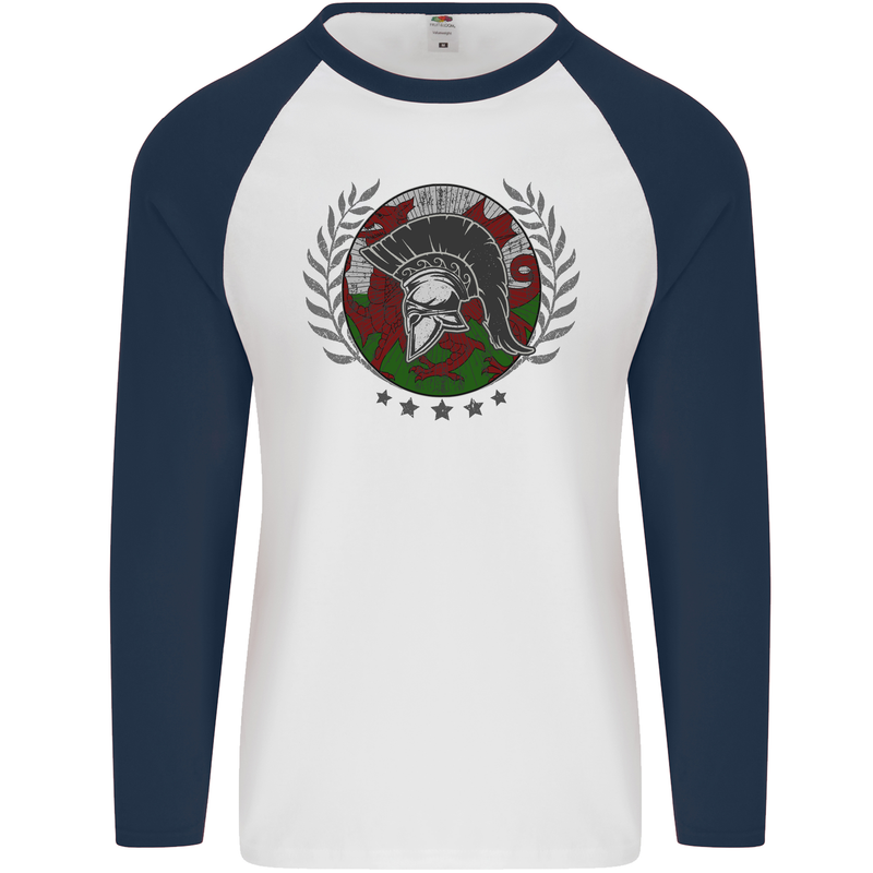 Welsh Bodybuilding Flag Gym Training Wales Mens L/S Baseball T-Shirt White/Navy Blue