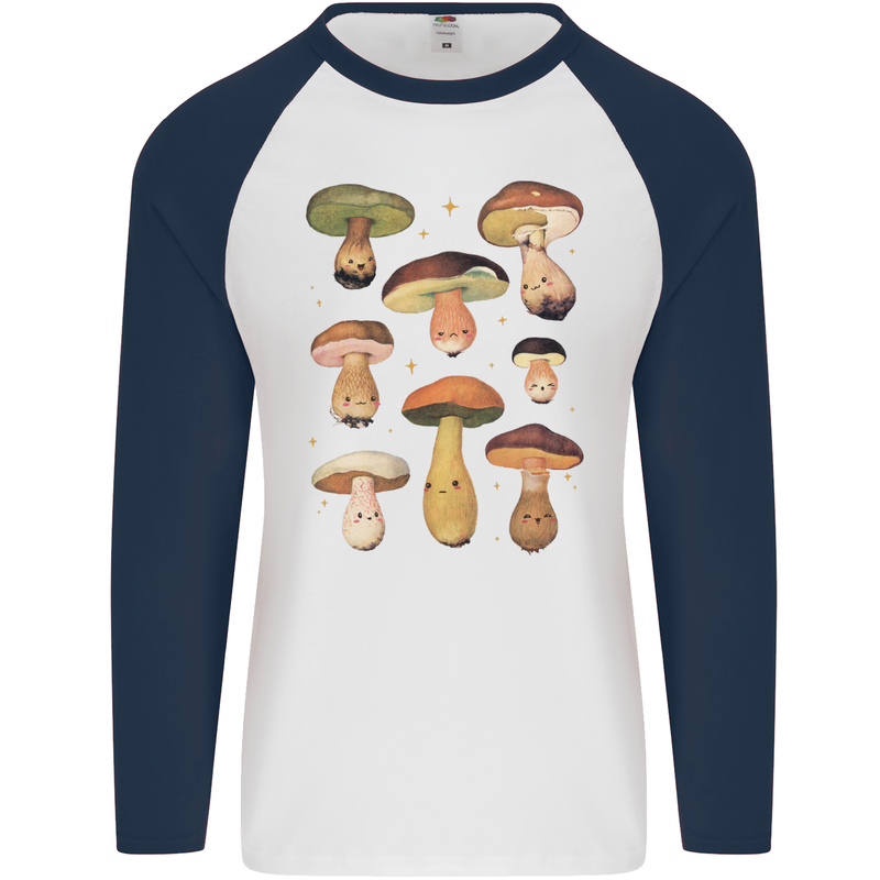 Mushroom Faces Foraging Mycology Mens L/S Baseball T-Shirt White/Navy Blue