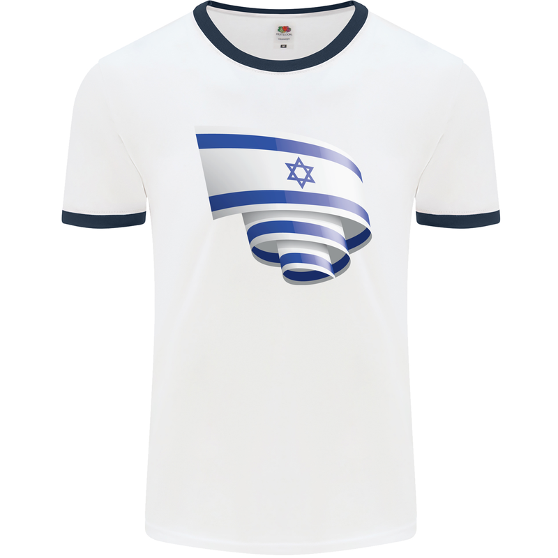 Curled Israel Flag Israeli Day Football Mens Ringer T-Shirt White/Navy Blue