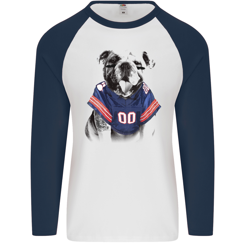 American Football Bulldog With Tattoos Mens L/S Baseball T-Shirt White/Navy Blue