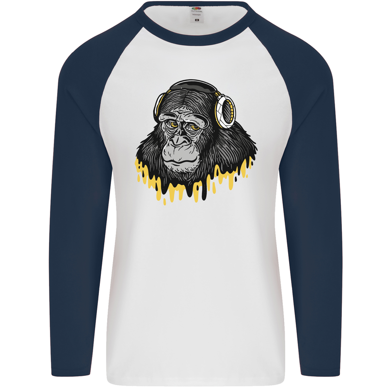 Monkey DJ Headphones Music Mens L/S Baseball T-Shirt White/Navy Blue