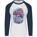 Trippy Magic Mushroom LSD Mens L/S Baseball T-Shirt White/Navy Blue