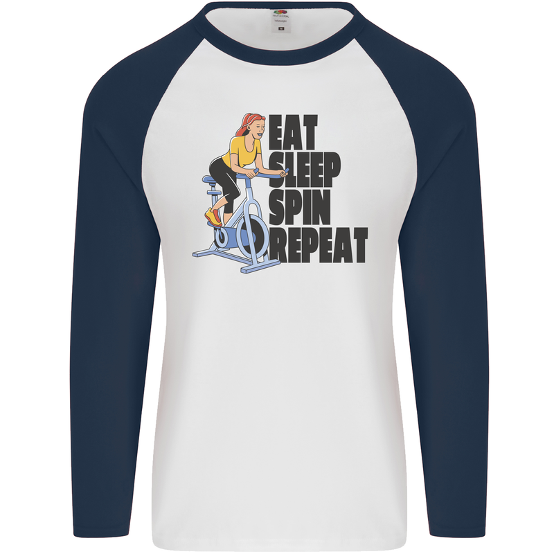 Spinning Eat Sleep Spin Repeat Cycling Mens L/S Baseball T-Shirt White/Navy Blue