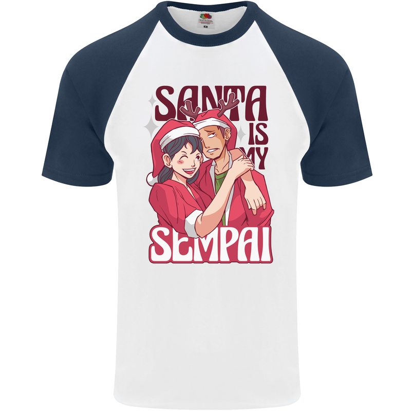 Santa is My Sempai Funny Anime Christmas Xmas Mens S/S Baseball T-Shirt White/Navy Blue