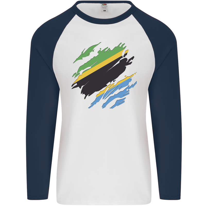 Torn Tanzania Flag Tanzanian Day Football Mens L/S Baseball T-Shirt White/Navy Blue