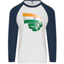 Curled India Flag Indian Day Football Mens L/S Baseball T-Shirt White/Navy Blue