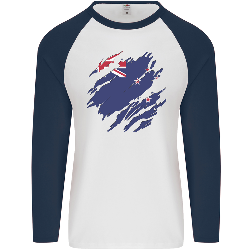 Torn New Zealand Flag Zealander Kiwi Day Mens L/S Baseball T-Shirt White/Navy Blue