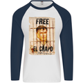 Free El Chapo Cocaine Drugs Cartel Mens L/S Baseball T-Shirt White/Navy Blue
