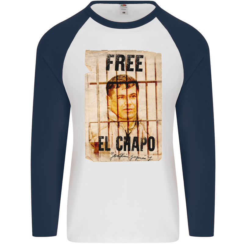 Free El Chapo Cocaine Drugs Cartel Mens L/S Baseball T-Shirt White/Navy Blue