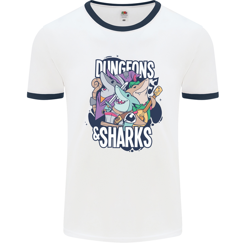 Dungeons & Sharks Role Play Games RPG Mens Ringer T-Shirt White/Navy Blue