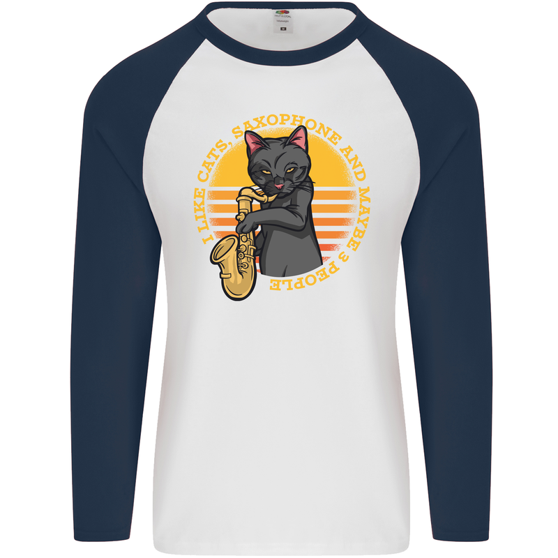 I Like Cats, Saxophones & Maybe 3 People Mens L/S Baseball T-Shirt White/Navy Blue