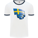 Curled Swedish Flag Sweden Day Football Mens Ringer T-Shirt White/Navy Blue
