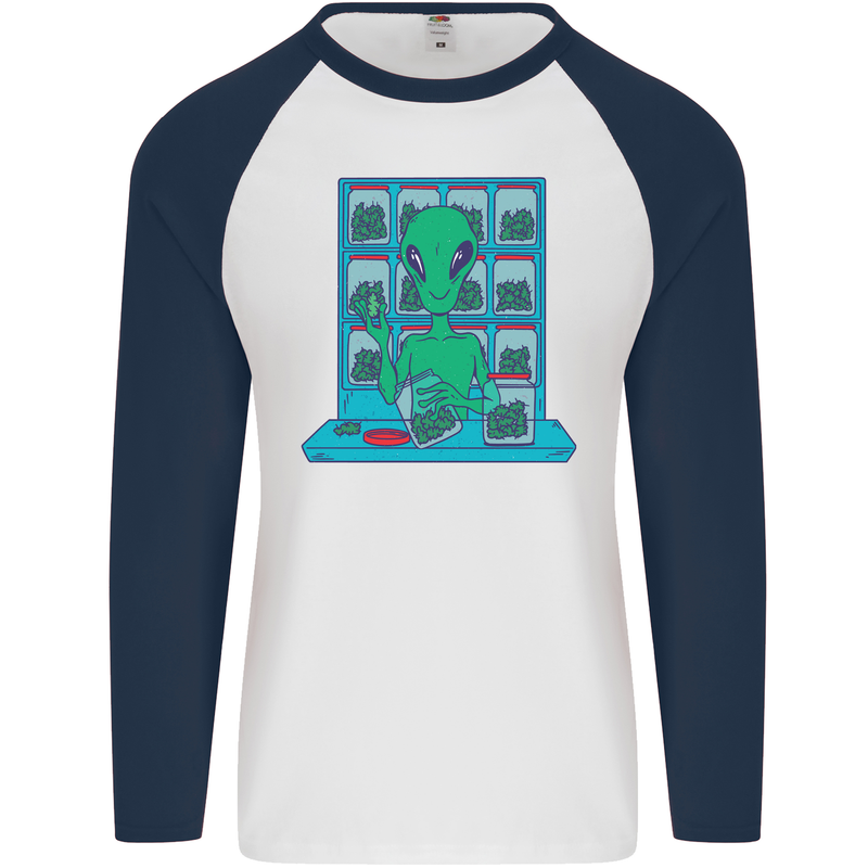 Funny Alien Drug Dealer Weed Mens L/S Baseball T-Shirt White/Navy Blue