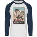 A Sumo Wrestler Playing the Electric Guitar Mens L/S Baseball T-Shirt White/Navy Blue