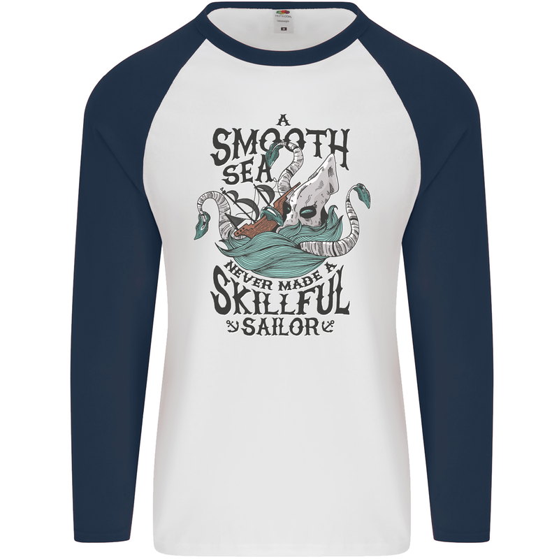 Skilful Sailor Kraken Sailor Mens L/S Baseball T-Shirt White/Navy Blue