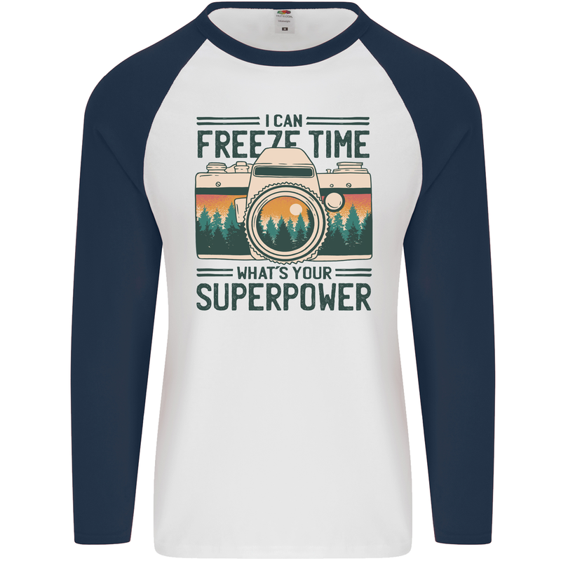 Freeze Time Photography Photographer Mens L/S Baseball T-Shirt White/Navy Blue