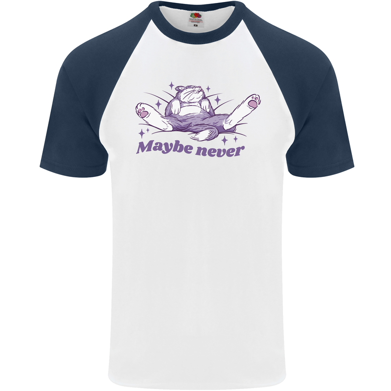 Maybe Never Lazy Cat Sleeping Mens S/S Baseball T-Shirt White/Navy Blue