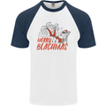 Merry Beachmas Funny Summer Santa Claus Mens S/S Baseball T-Shirt White/Navy Blue