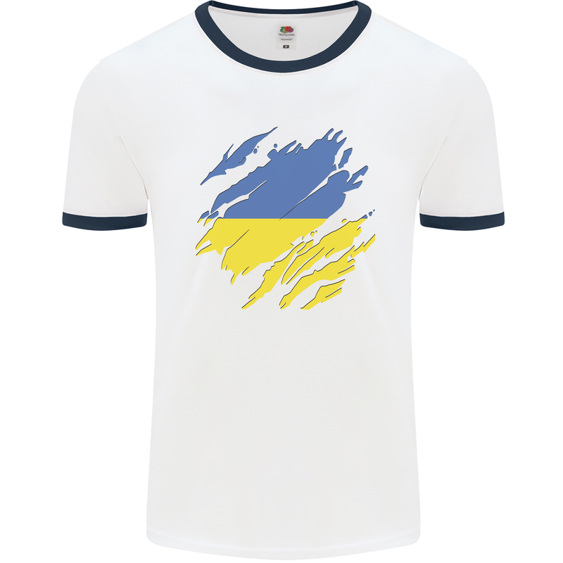 Torn Ukraine Flag Ukrainian Day Football Mens Ringer T-Shirt White/Navy Blue