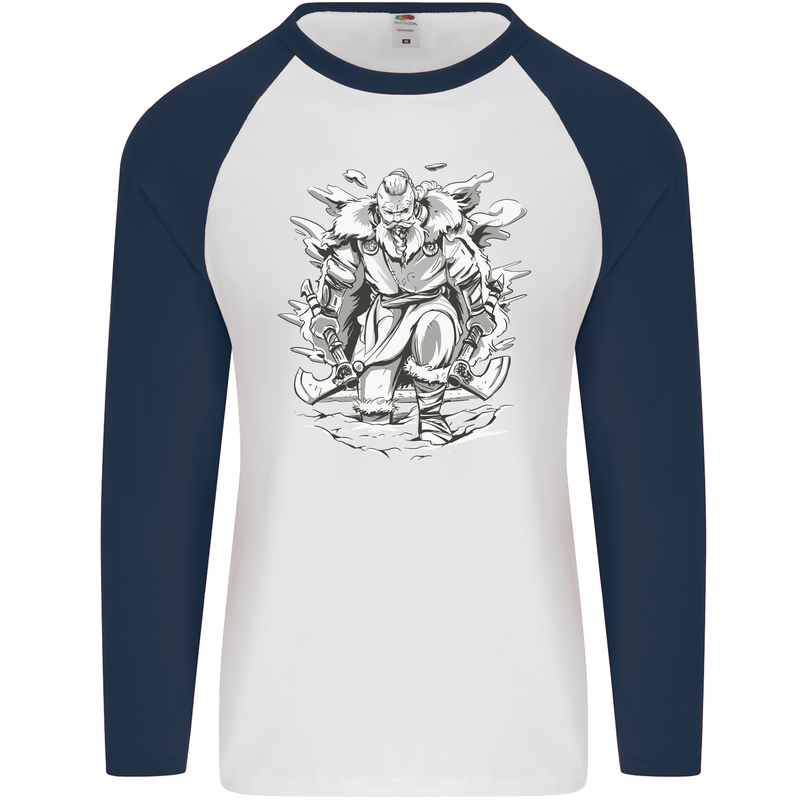 Viking Warrior Valhalla Odin Axe Gym God Mens L/S Baseball T-Shirt White/Navy Blue