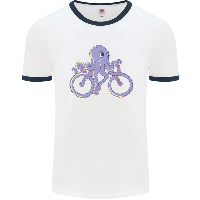 A Cycling Octopus Funny Cyclist Bicycle Mens Ringer T-Shirt White/Navy Blue