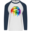 LGBT Bitten Rainbow Lip Gay Pride Day Mens L/S Baseball T-Shirt White/Navy Blue