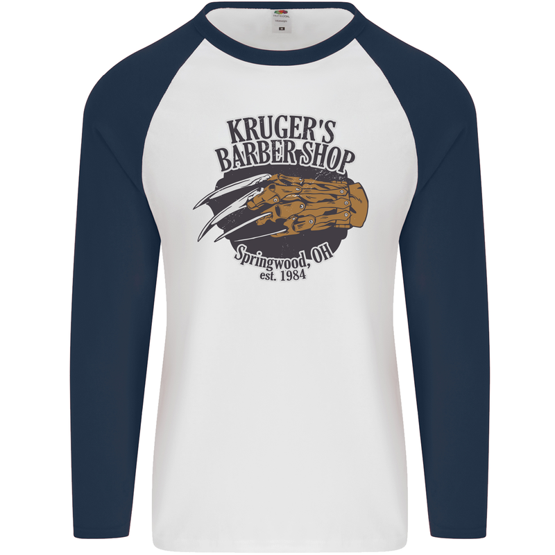 Krugers Barber Shop Funny Halloween Mens L/S Baseball T-Shirt White/Navy Blue