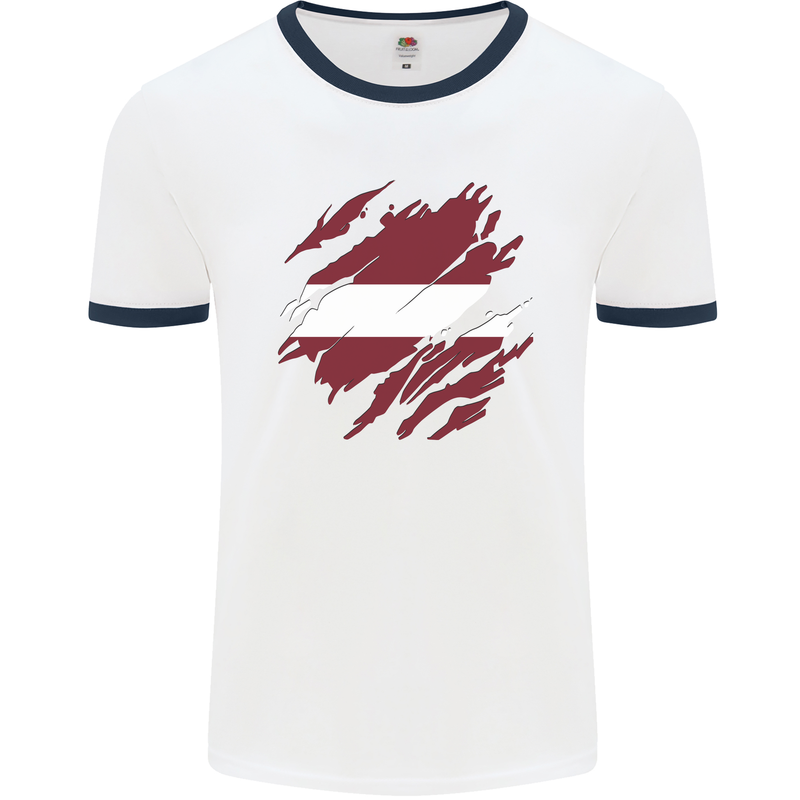 Torn Latvia Flag Latvian Day Football Mens Ringer T-Shirt White/Navy Blue