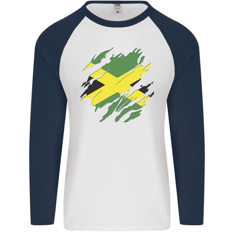 Torn Jamaican Flag Jamaica Day Football Mens L/S Baseball T-Shirt White/Navy Blue