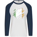 Torn Ireland Flag Irish St Patricks Day Football Mens L/S Baseball T-Shirt White/Navy Blue