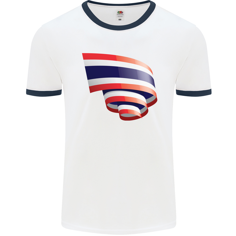 Curled Thailand Flag Thai Day Football Mens Ringer T-Shirt White/Navy Blue