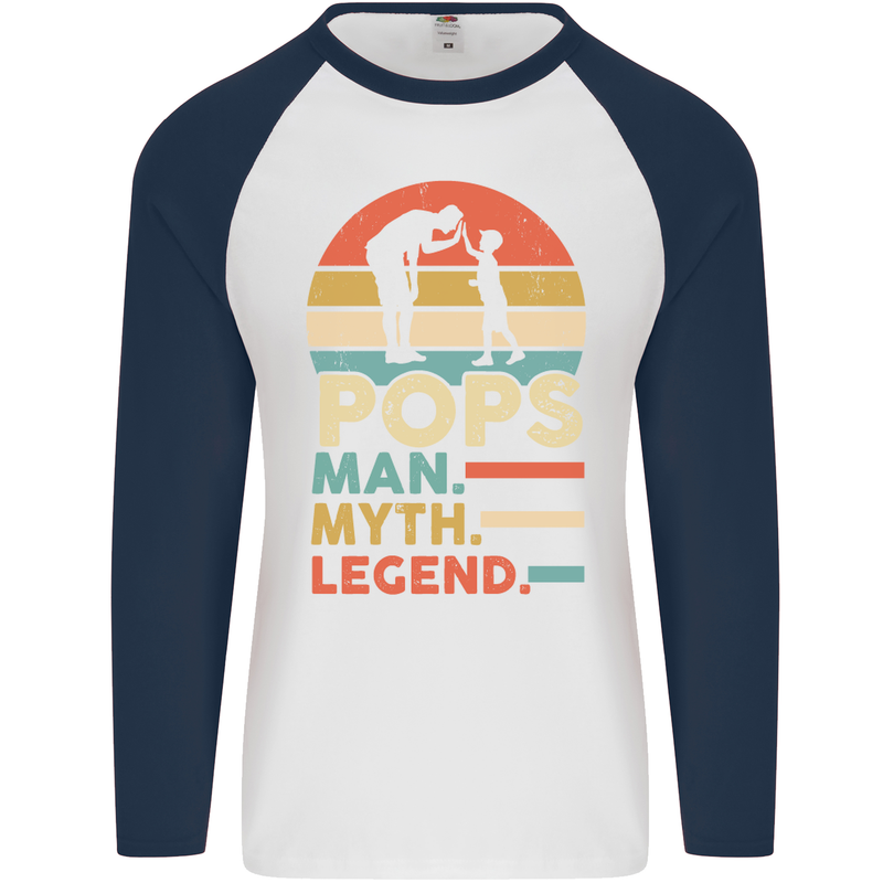 Pops Man Myth Legend Funny Fathers Day Mens L/S Baseball T-Shirt White/Navy Blue