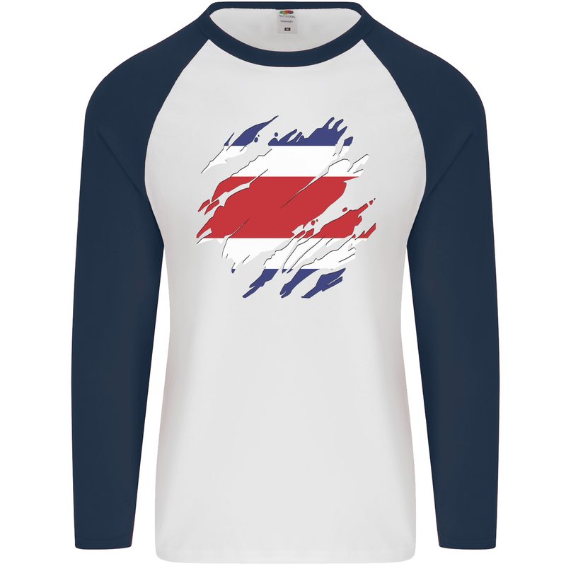 Torn Costa Rica Flag Rican Day Football Mens L/S Baseball T-Shirt White/Navy Blue