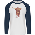 Highland Cattle Cow Scotland Scottish Mens L/S Baseball T-Shirt White/Navy Blue