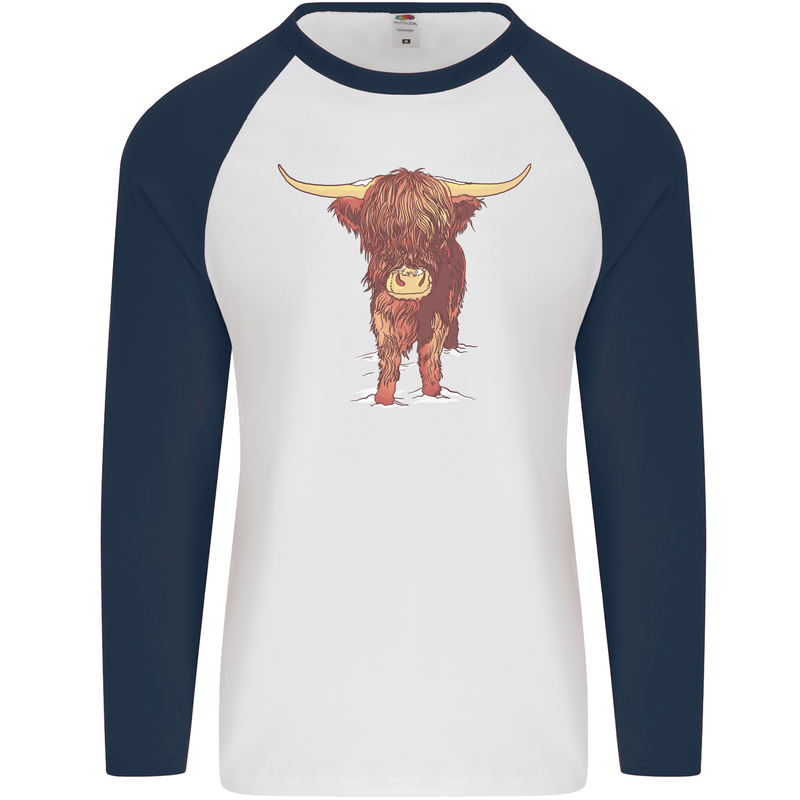 Highland Cattle Cow Scotland Scottish Mens L/S Baseball T-Shirt White/Navy Blue