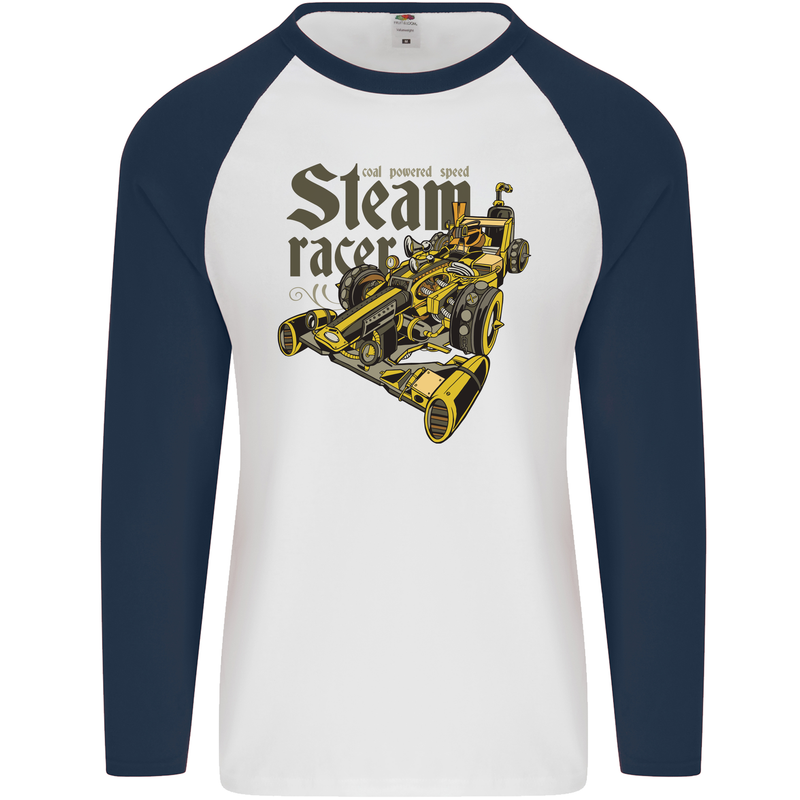 Steampunk Motorsports Racing Car Mens L/S Baseball T-Shirt White/Navy Blue