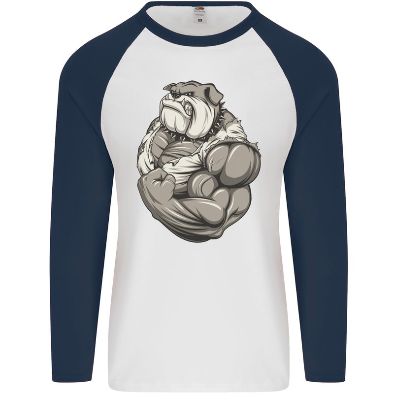 Bulldog Gym Bodybuilding Training Top Mens L/S Baseball T-Shirt White/Navy Blue