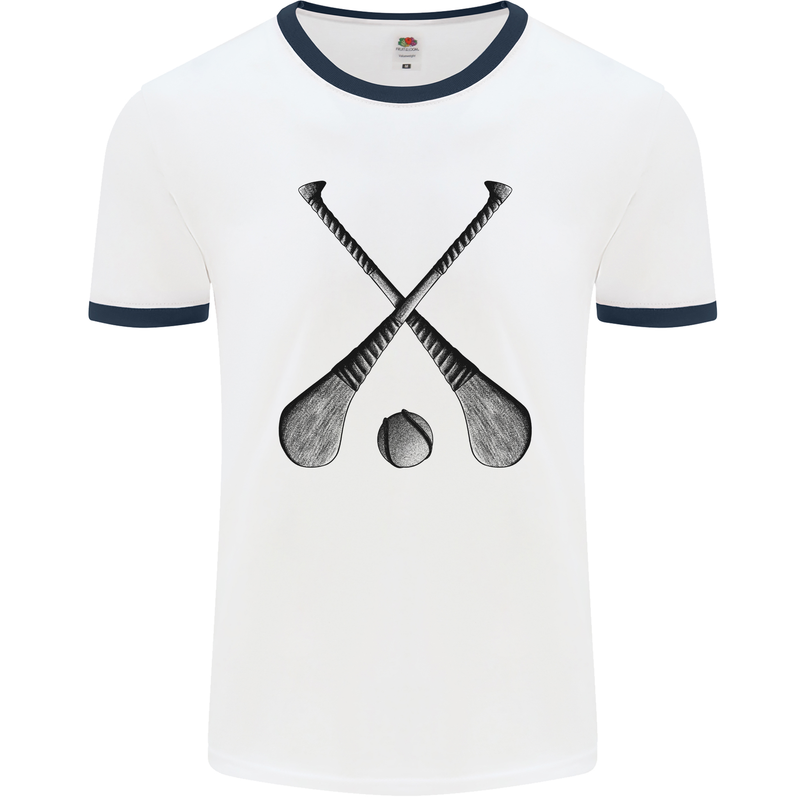 Hurling Bats and Ball Mens Ringer T-Shirt White/Navy Blue