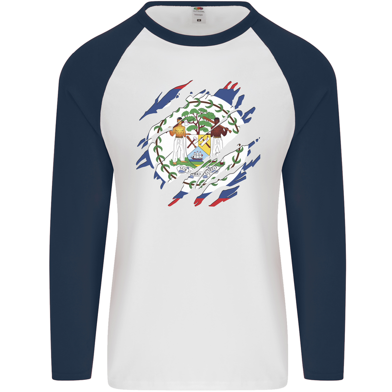 Torn Belize Flag Belizean Day Football Mens L/S Baseball T-Shirt White/Navy Blue